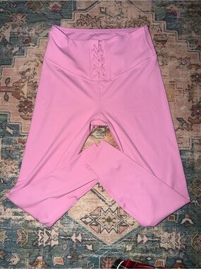 JoyLab Pink High-Waist Lace-Up Ribbed Leggings